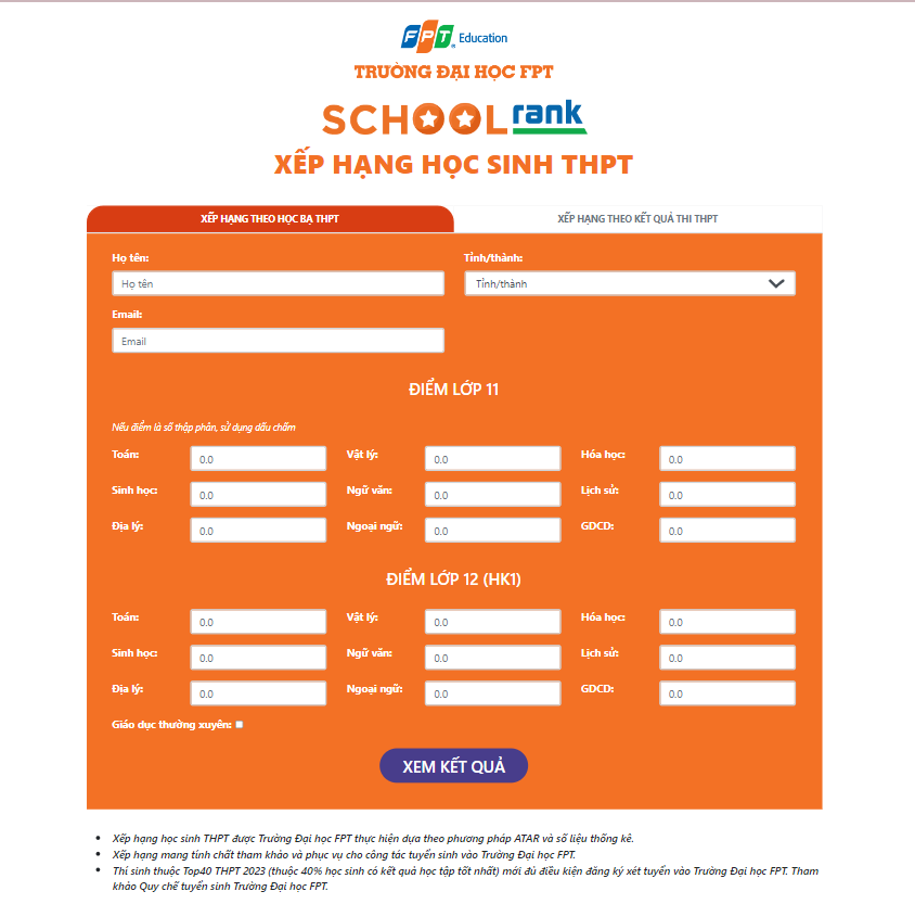 Phương thức kết quả xếp hạng học sinh THPT trên SchoolRank